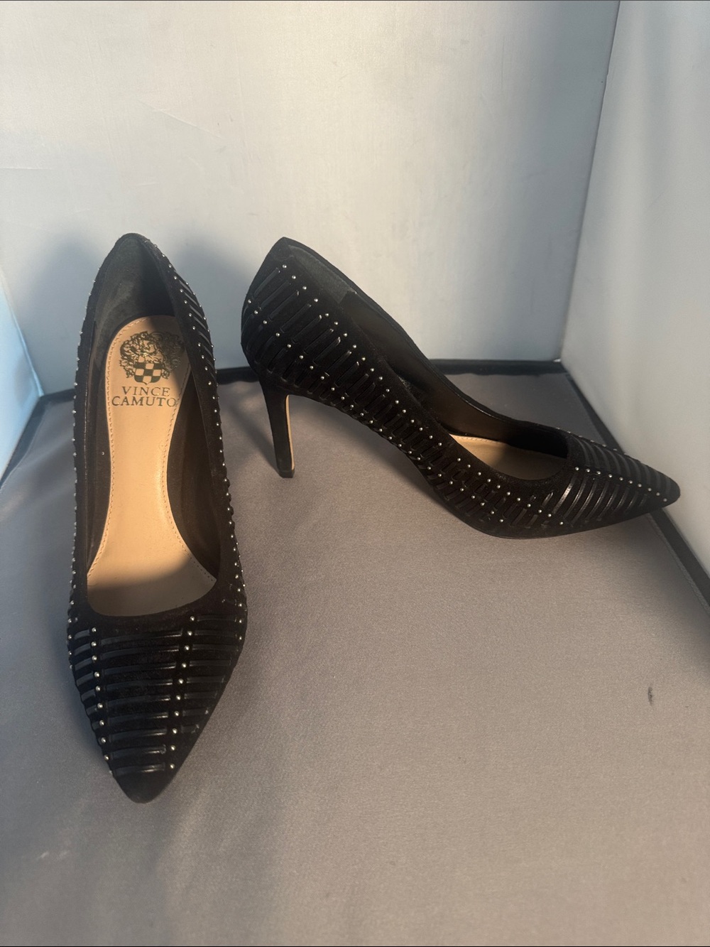 Vince Camuto Black Studded Striped Pointed-Toe Pumps 7.5